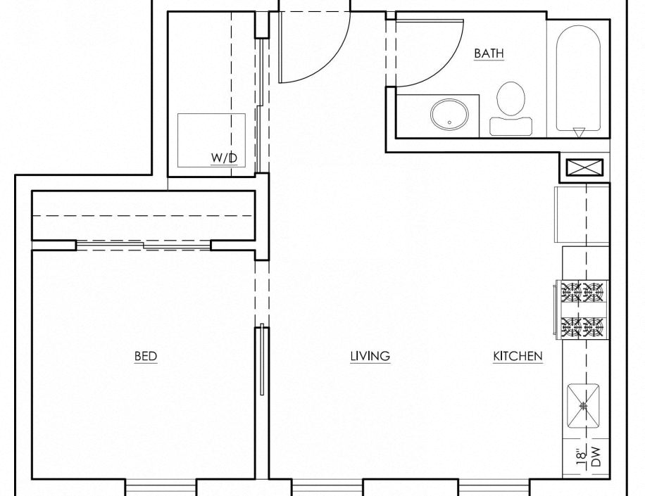 Floor plan for 1 bed, 1 bath, 487 sqft